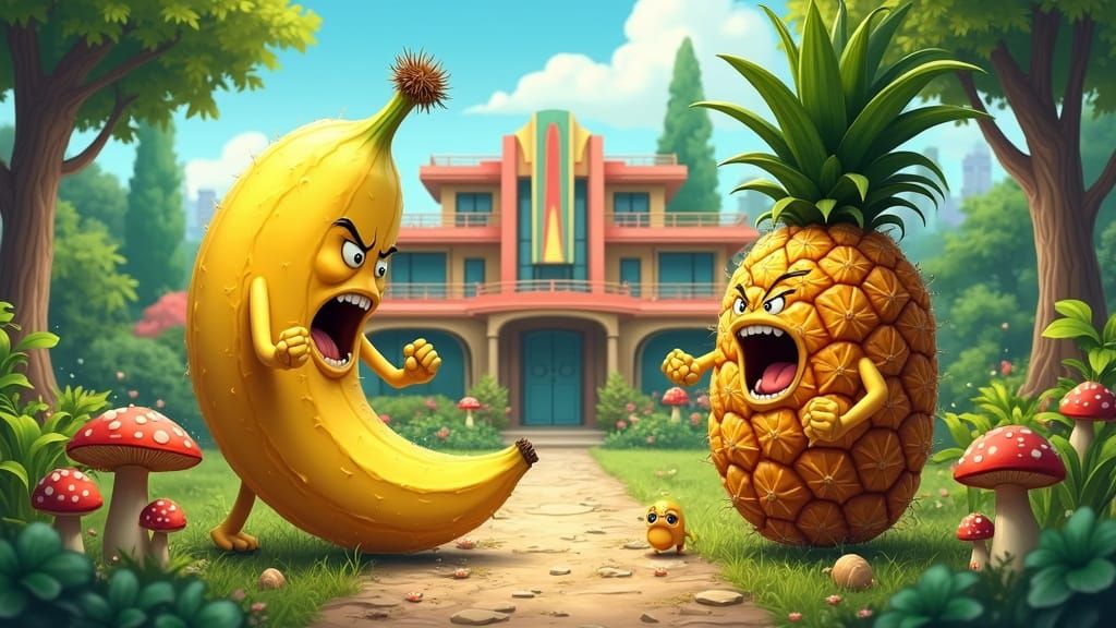 Fruits Clash in a Whimsical Vegetable Garden