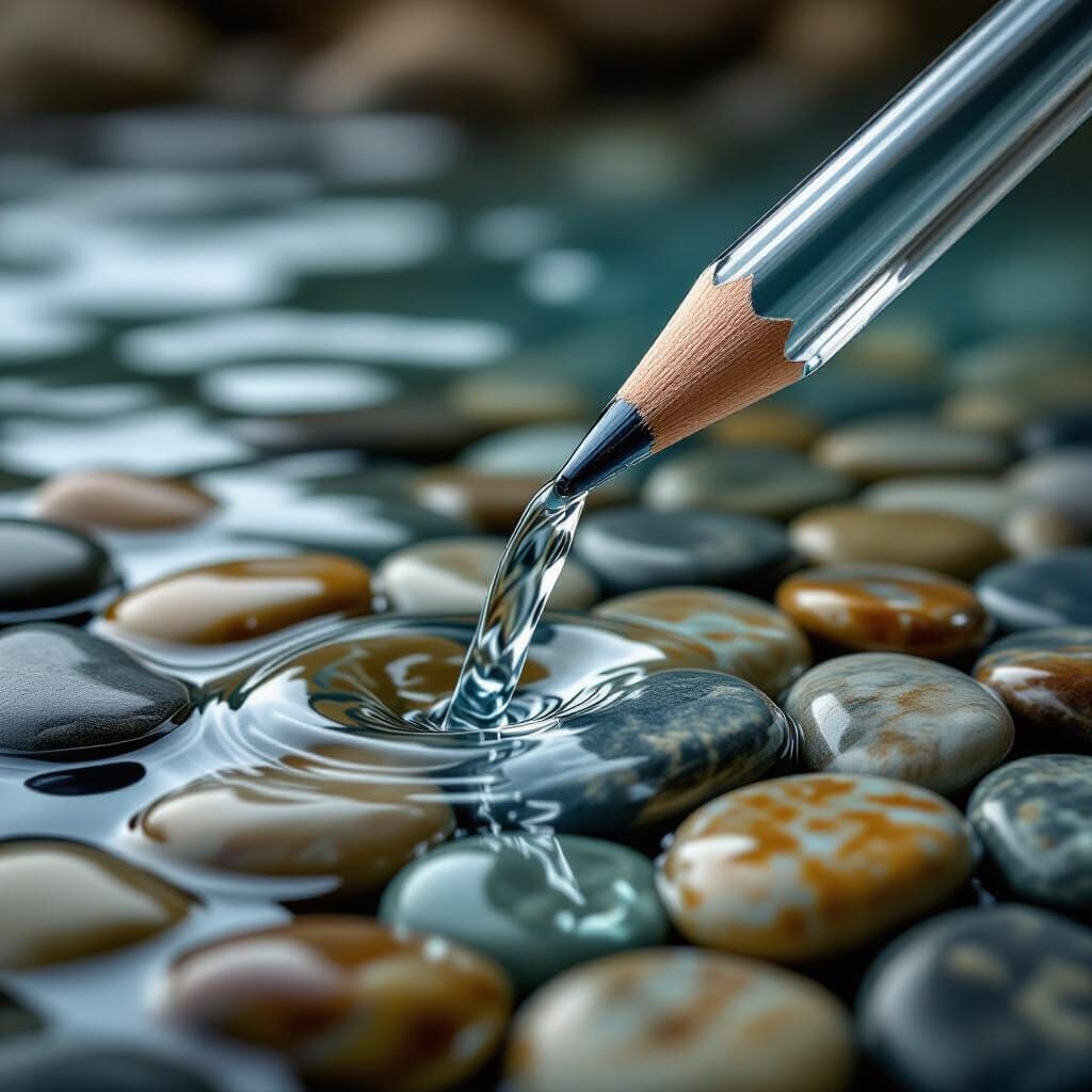 Hyperrealistic Glass Pencil With Water and Stones
