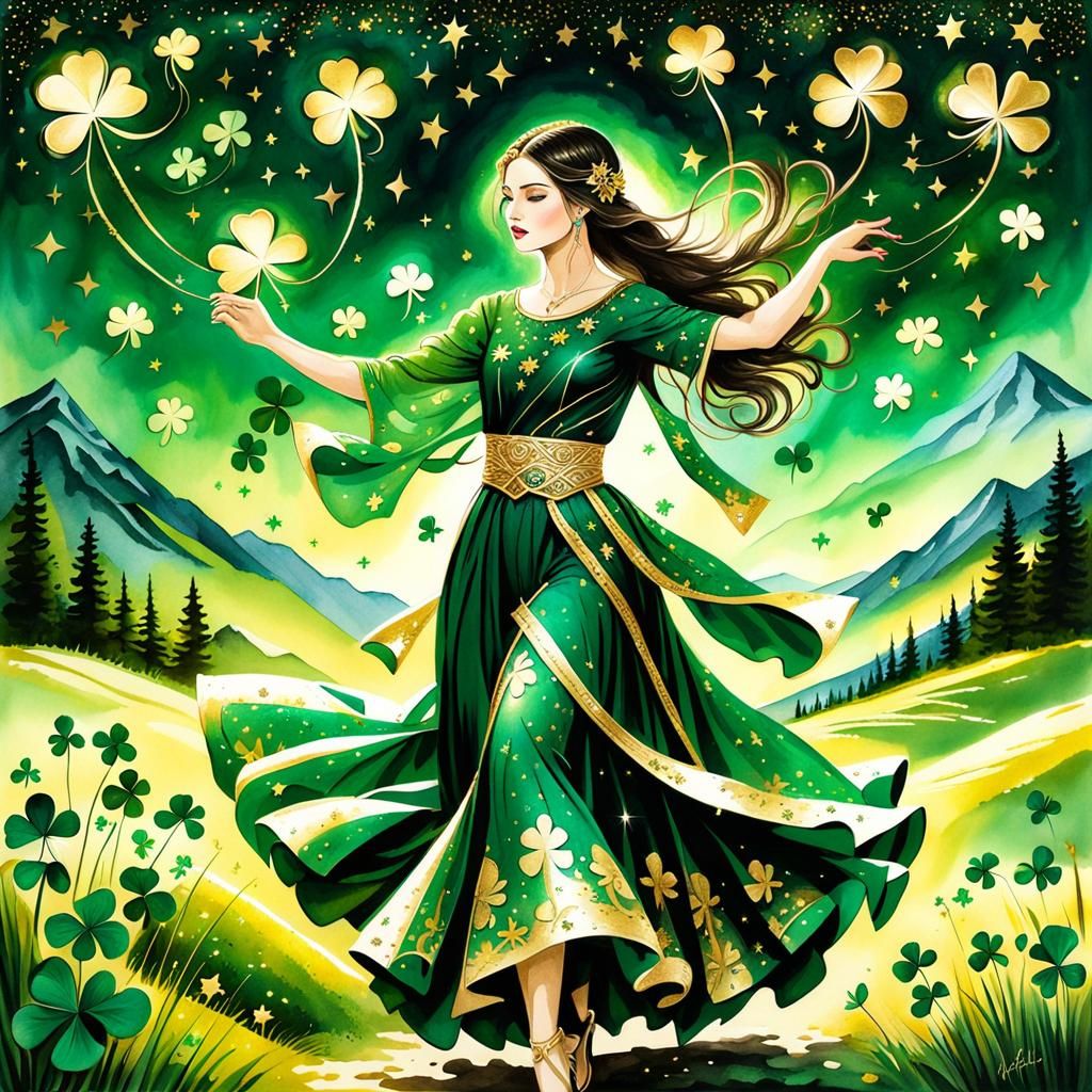 Emerald Girl Dancing in Clover Field, Abstract Watercolor