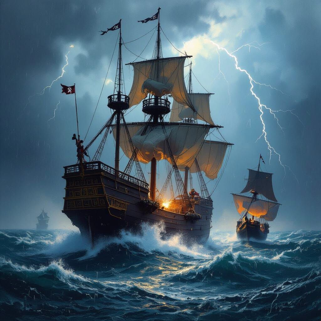 Pirate Ship Battle Amidst a Raging Thunderstorm