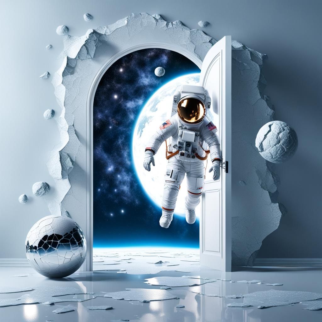 Astronaut and Frozen Sphere in Space Portal