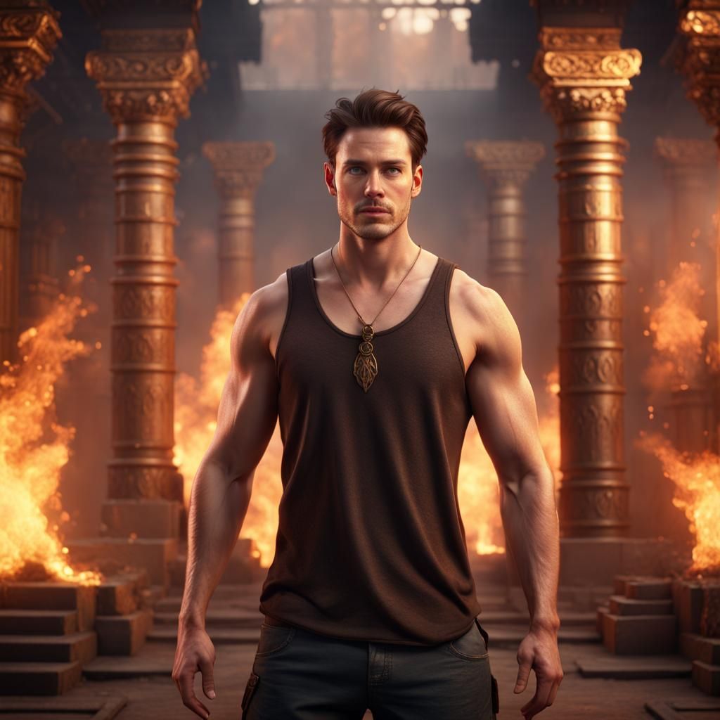 Fire Temple: Handsome Man in Detailed Matte Painting