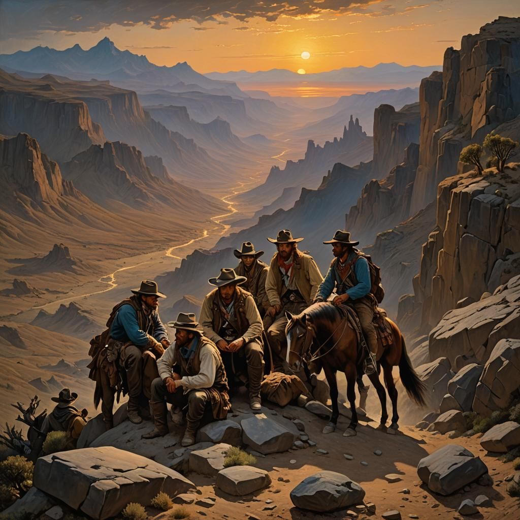 Cowboys Plotting Ambush, Romantic Oil Painting