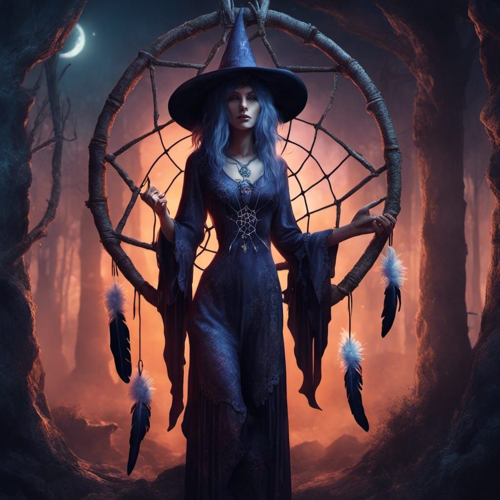 Dreamy Gothic Witch Holding Dreamcatcher in Detailed Paintin...