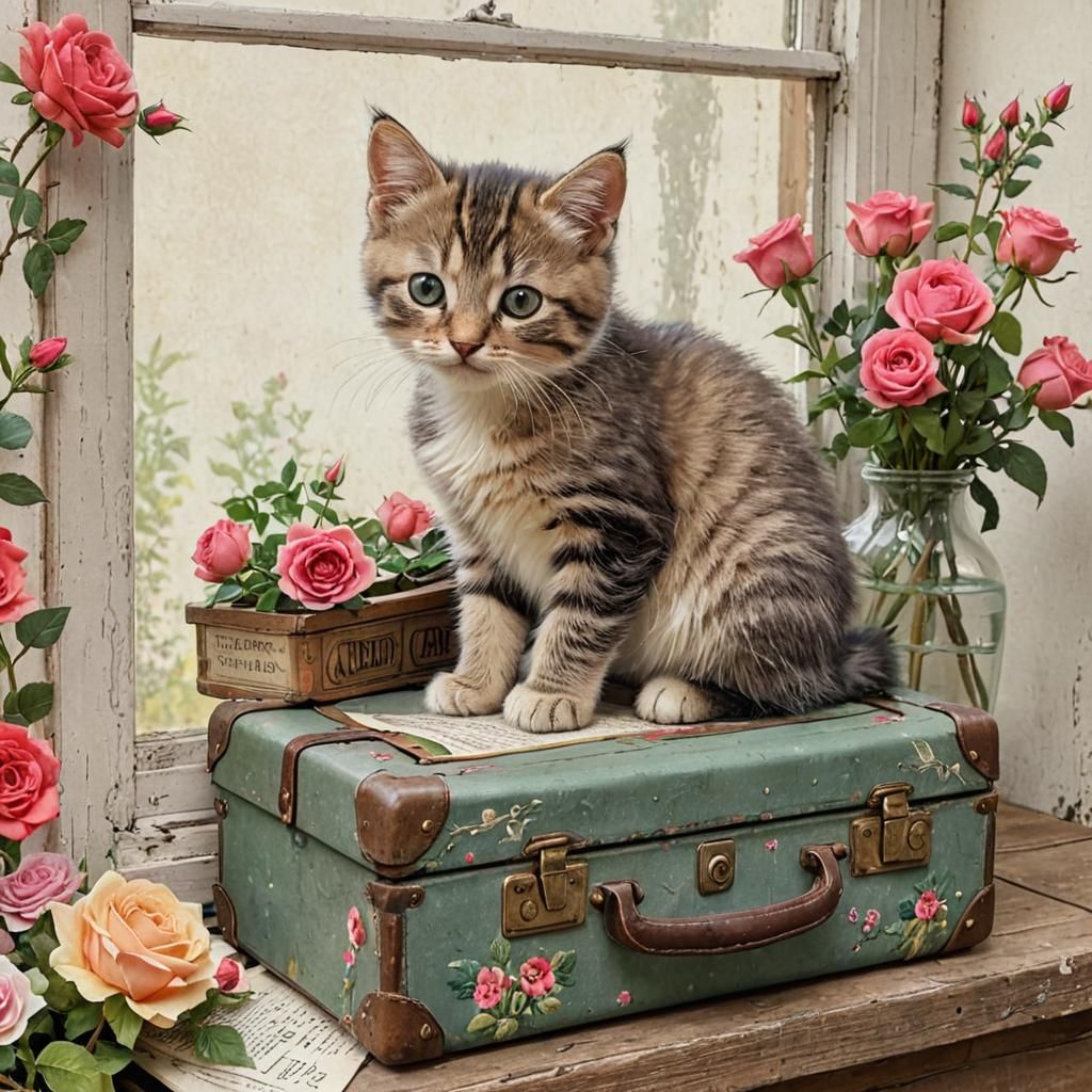Kitten in Vintage Train Car Collage Art