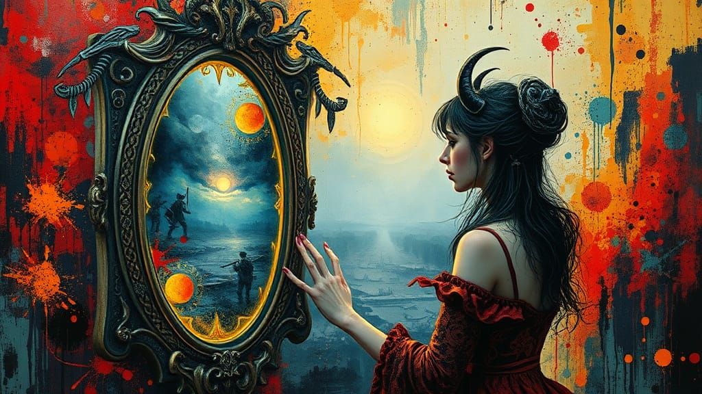 Mystical Woman in Magic Mirror: Fluorescent Impasto Art