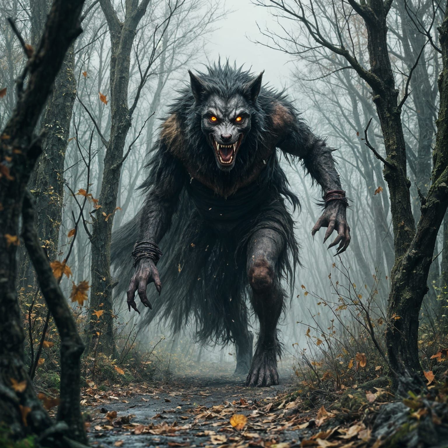 Eerie Werewolf Prowls Misty Woods in Hyperrealistic Style