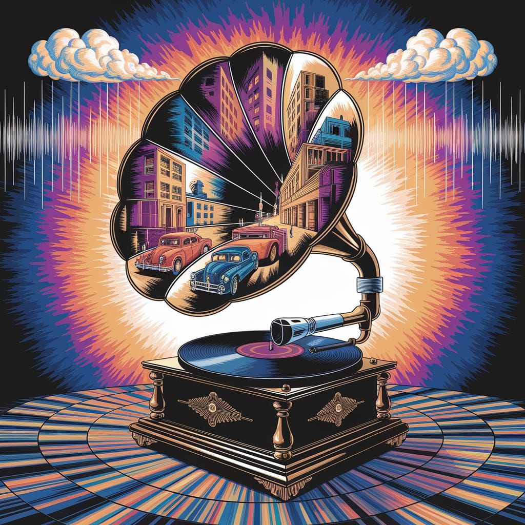 1930s Retro Cityscape Blooms from Golden Gramophone Painting