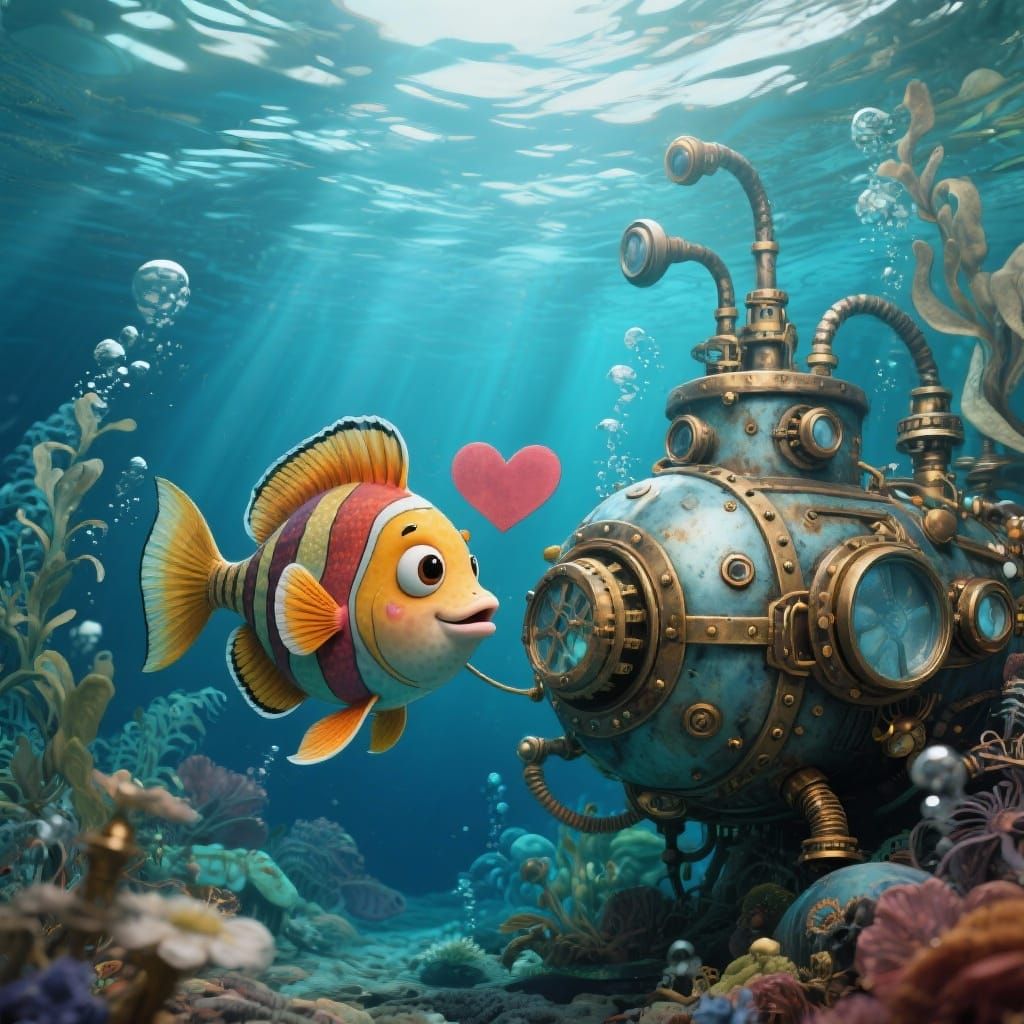 Cute Fish in Love with Steampunk Submarine