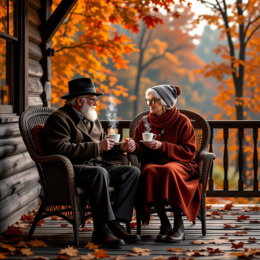 Elderly Couple Enjoying Autumn Cocoa in Steampunk Style