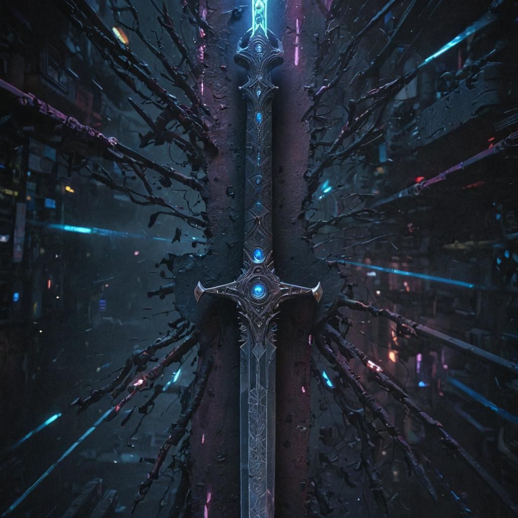 Cyberpunk Sword in Misty Neon Cityscape