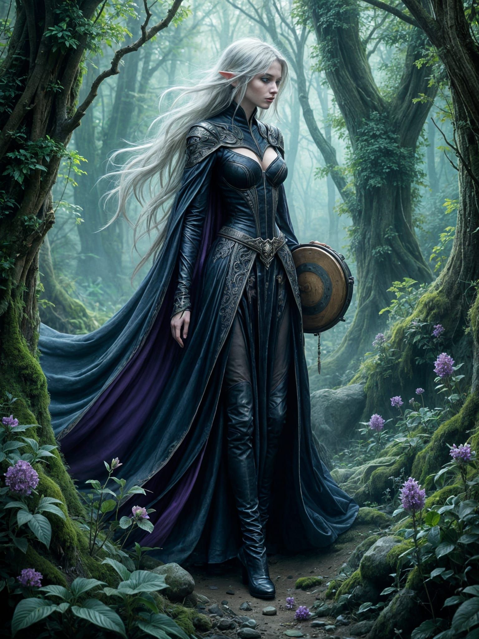 Ethereal Albino Half-Elf in Misty Forest