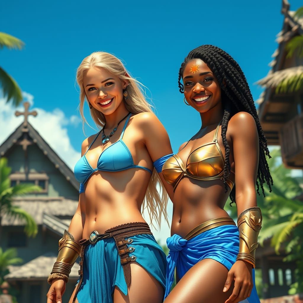 Tropical Village Scene of Two Women Sharing a Joyful Moment