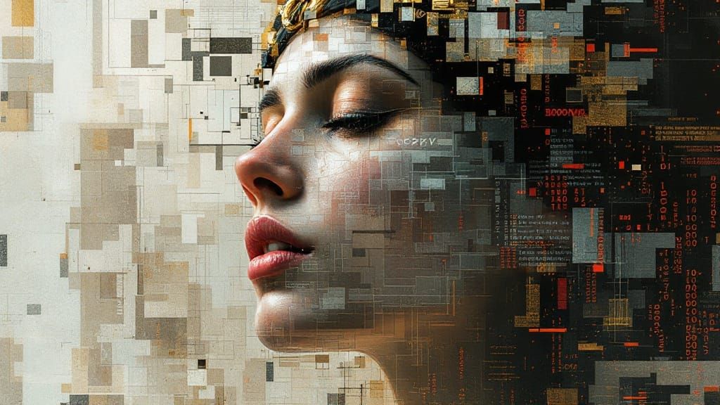 Corrupted Renaissance Goddess Embracing Technological Decay