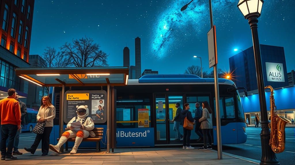 Astronaut at City Bus Stop Under Milky Way