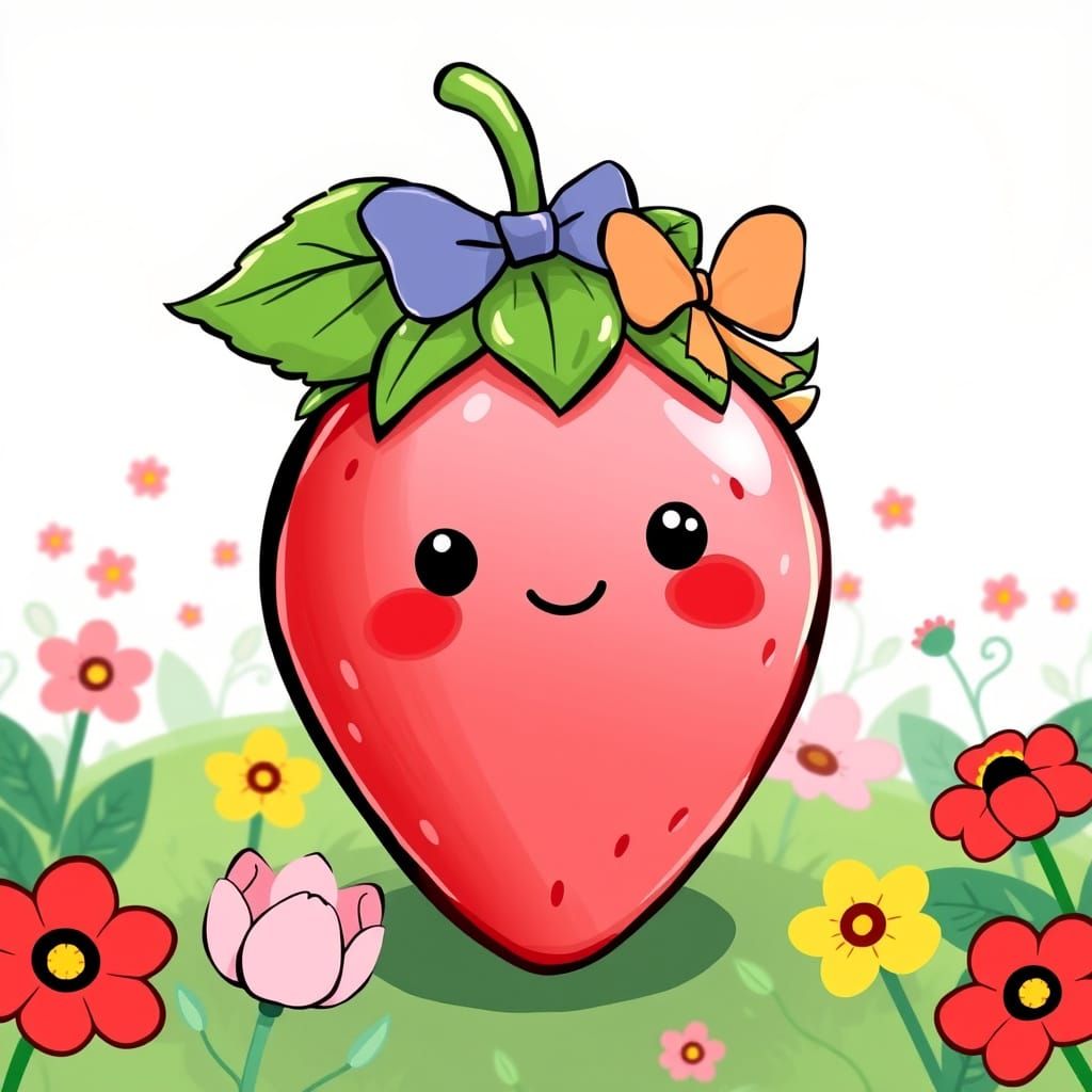 Kawaii Strawberry Character in Pastel Garden