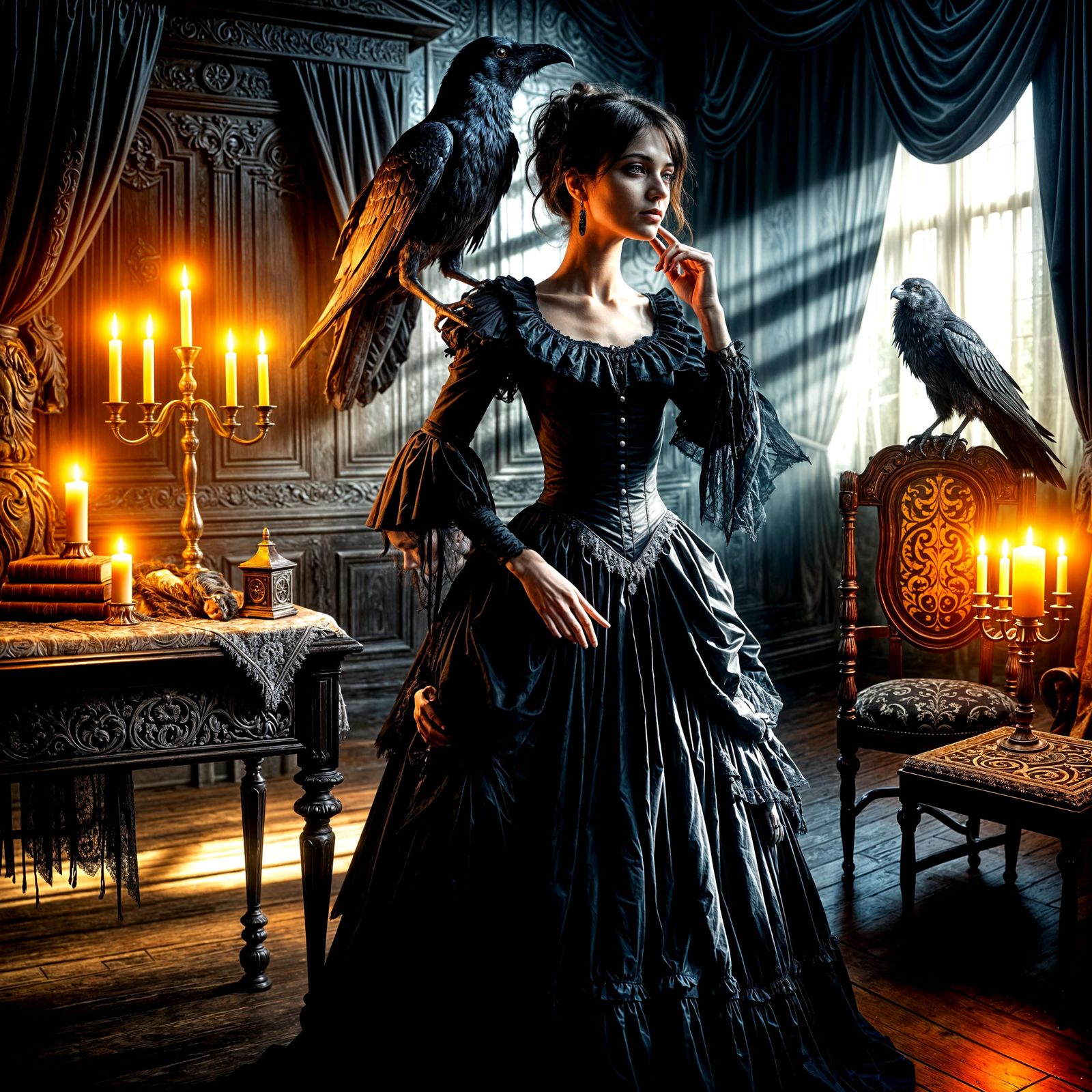 Gothic Woman with Raven in Dark Victorian Setting