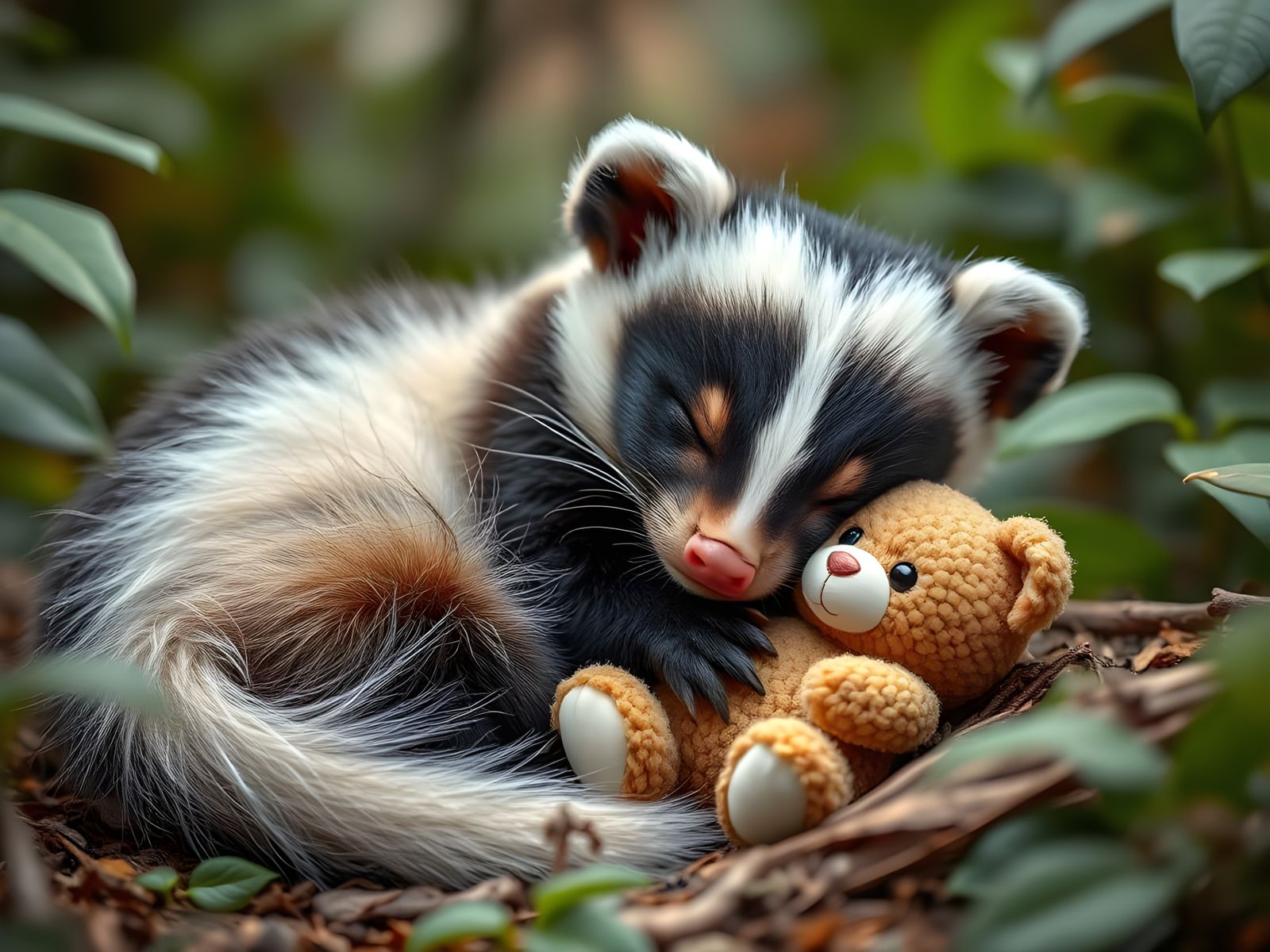 Adorable Baby Skunk Sleeps with Teddy Bear in Jungle Oasis