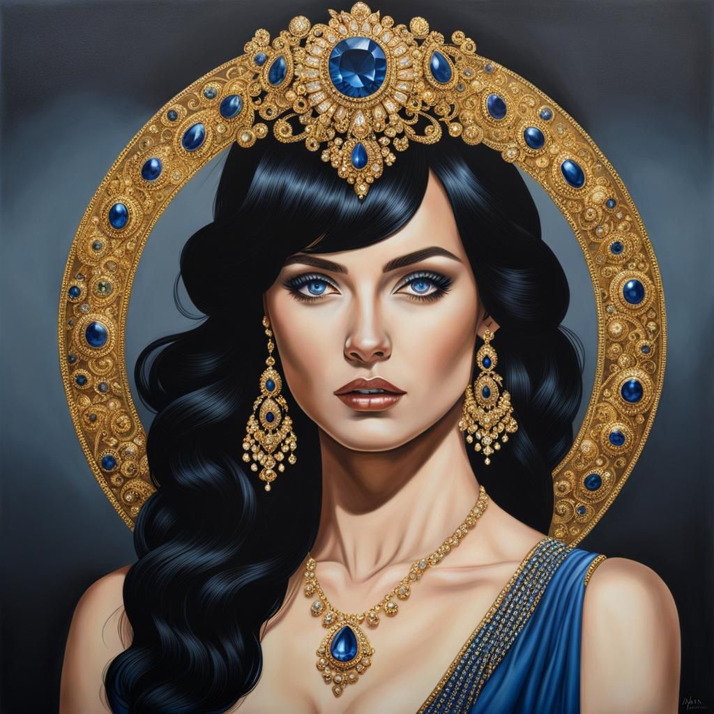 Sapphire Jewel Adorned Woman in Hyperrealistic Portrait