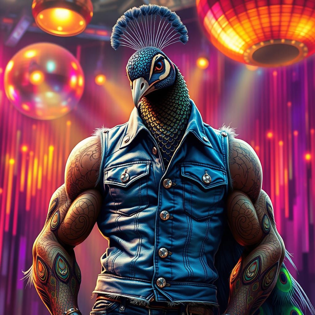 Muscular Disco Peacock with Vibrant Iridescent Plumage