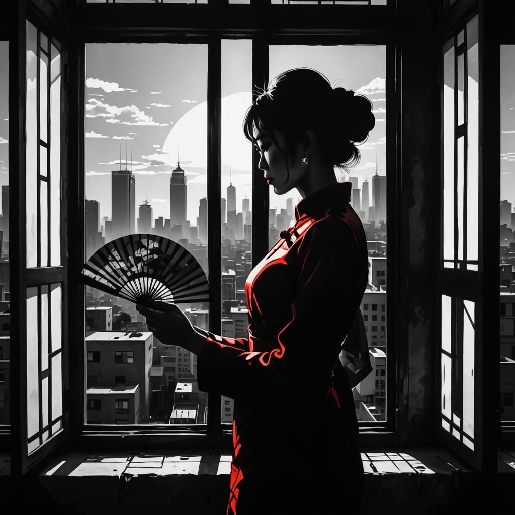 Mysterious Woman in Cheongsam: Minimalist Stencil Art