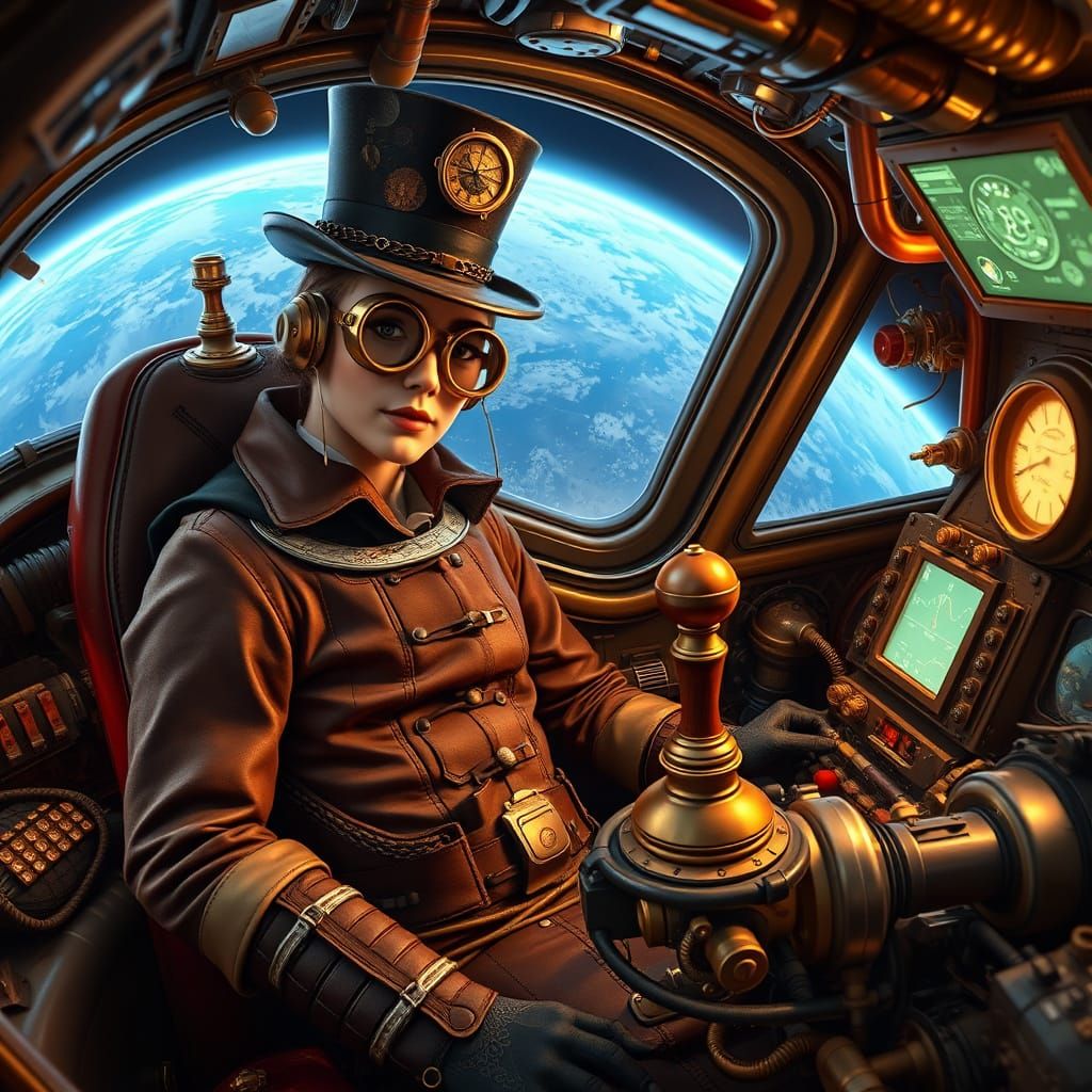 Steampunk Space Explorer in Victorian-Inspired Cockpit