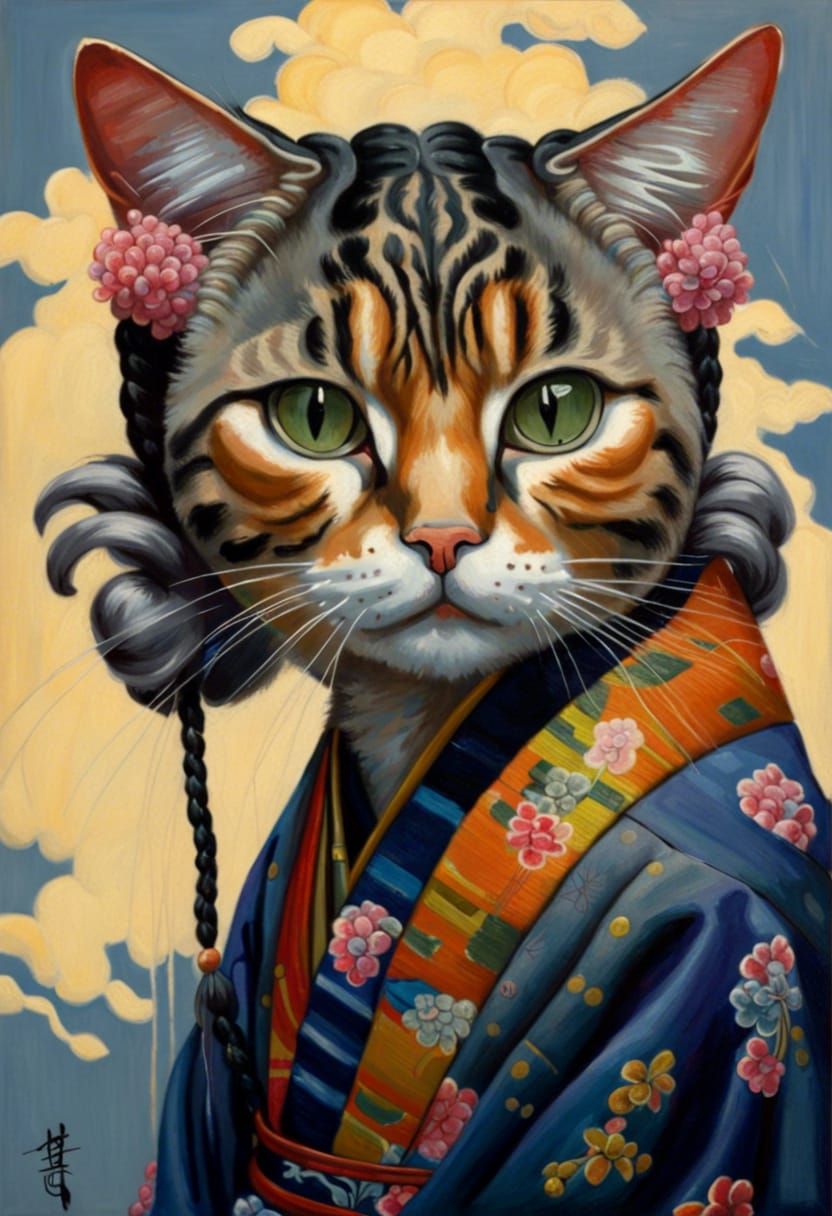 Kimono Cat with Braids in Classical Realism