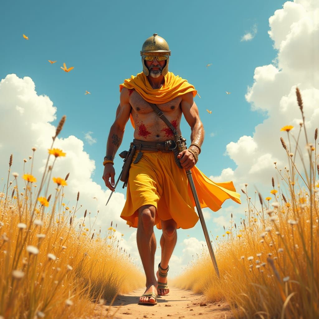 Wounded Knight Walking Through Sunny Field