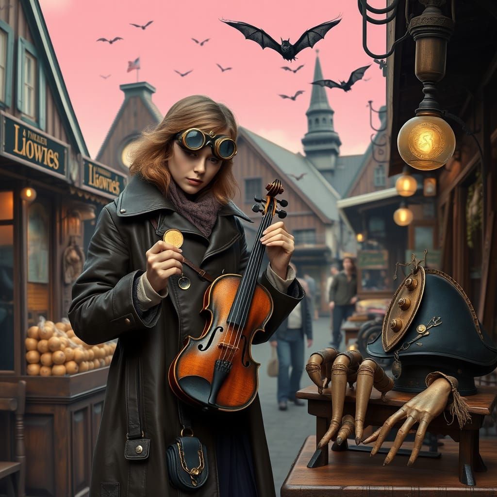 Steampunk Woman in Norwegian Market with Bats