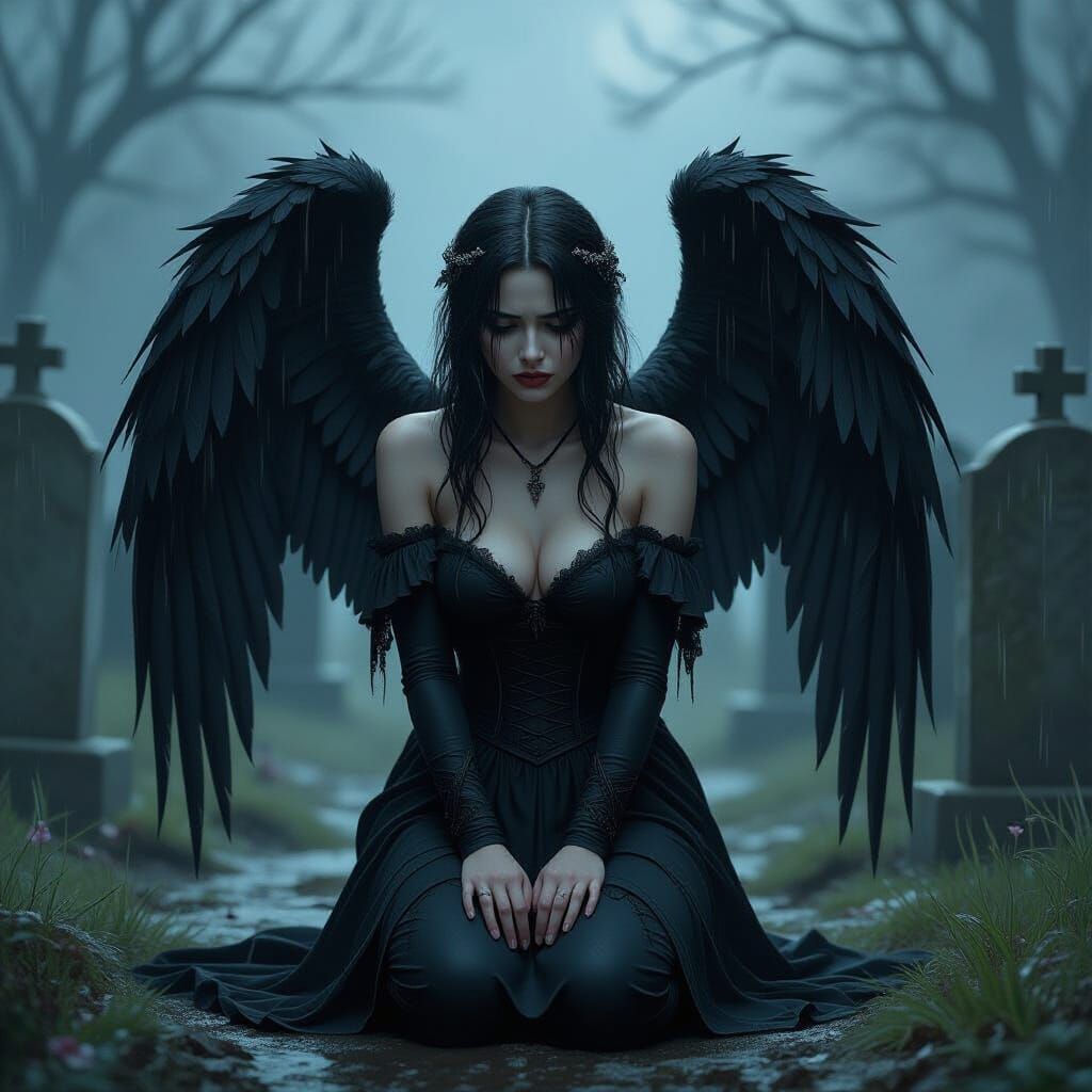 Gothic Angel Weeping in Rainy Graveyard