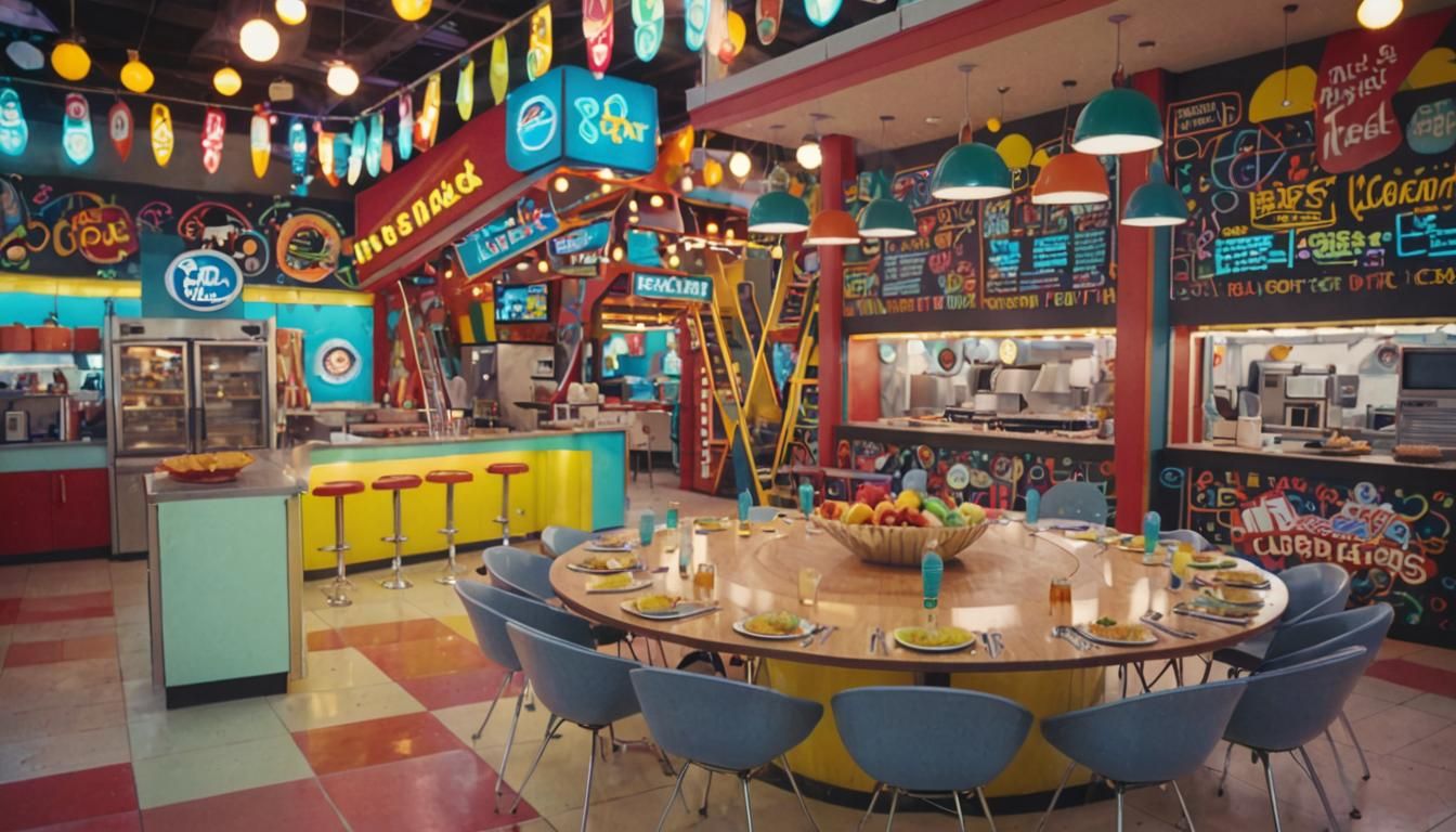 Vibrant Theme Park Food Court in Summer