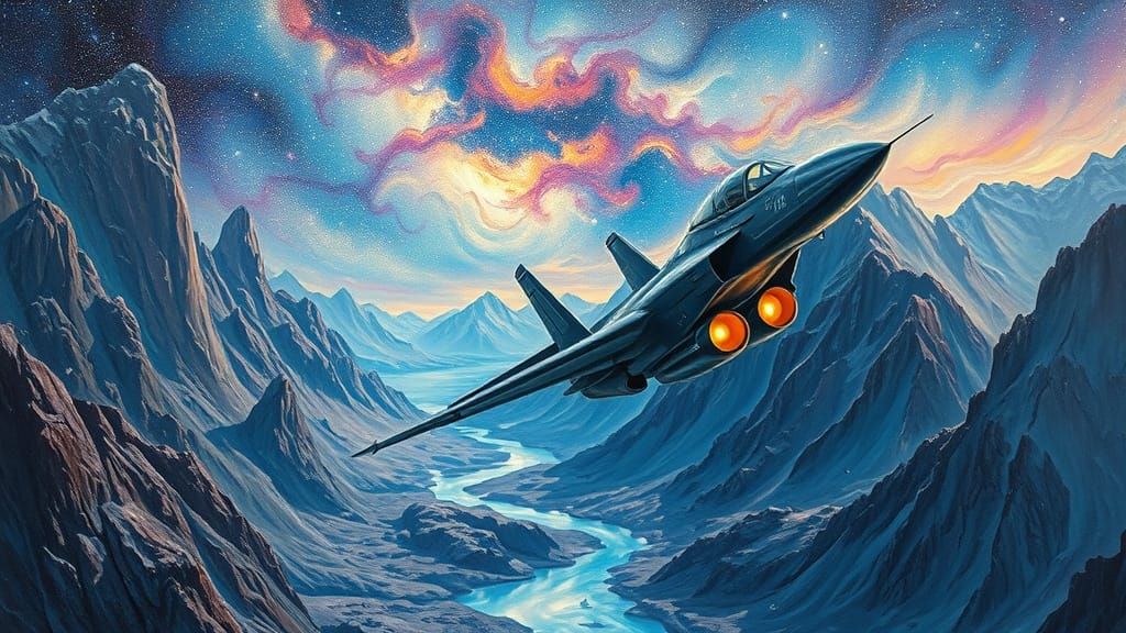 Sleek Fighter Aircraft Soars Through Cosmic Dreamscape