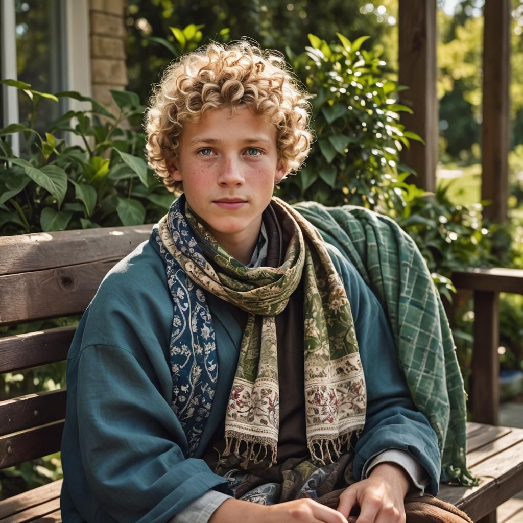 Boy in Babushka Dress with Curly Hair