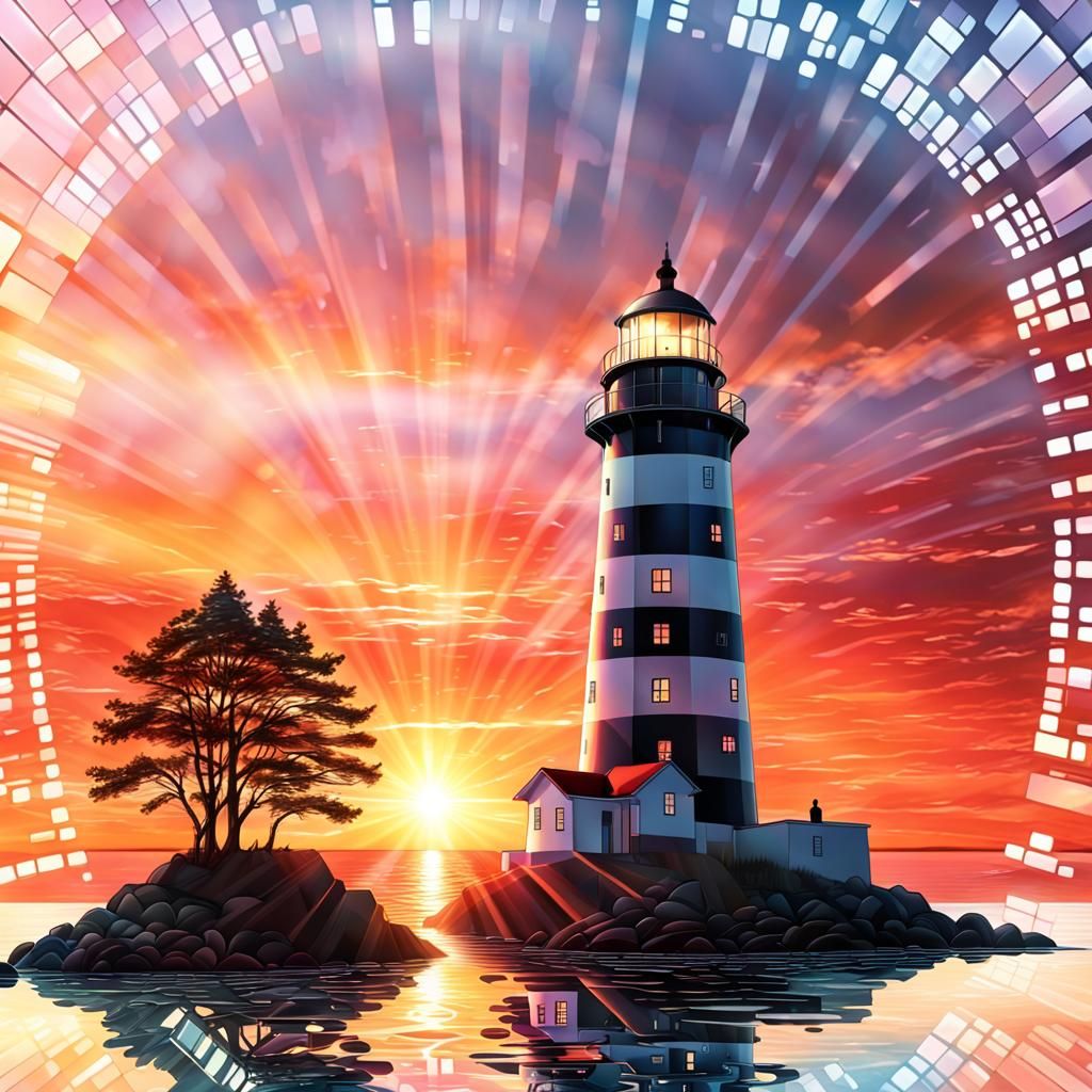 Glass Lighthouses at Sunset in Binary Code Dream
