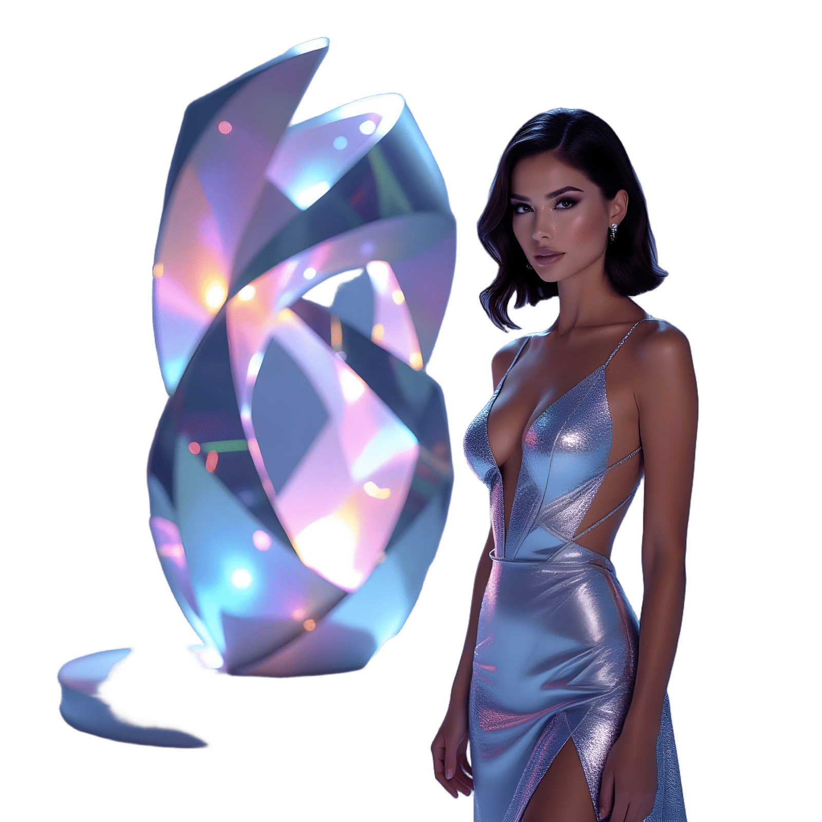 Female Figure by Glowing Multicolored Sculpture