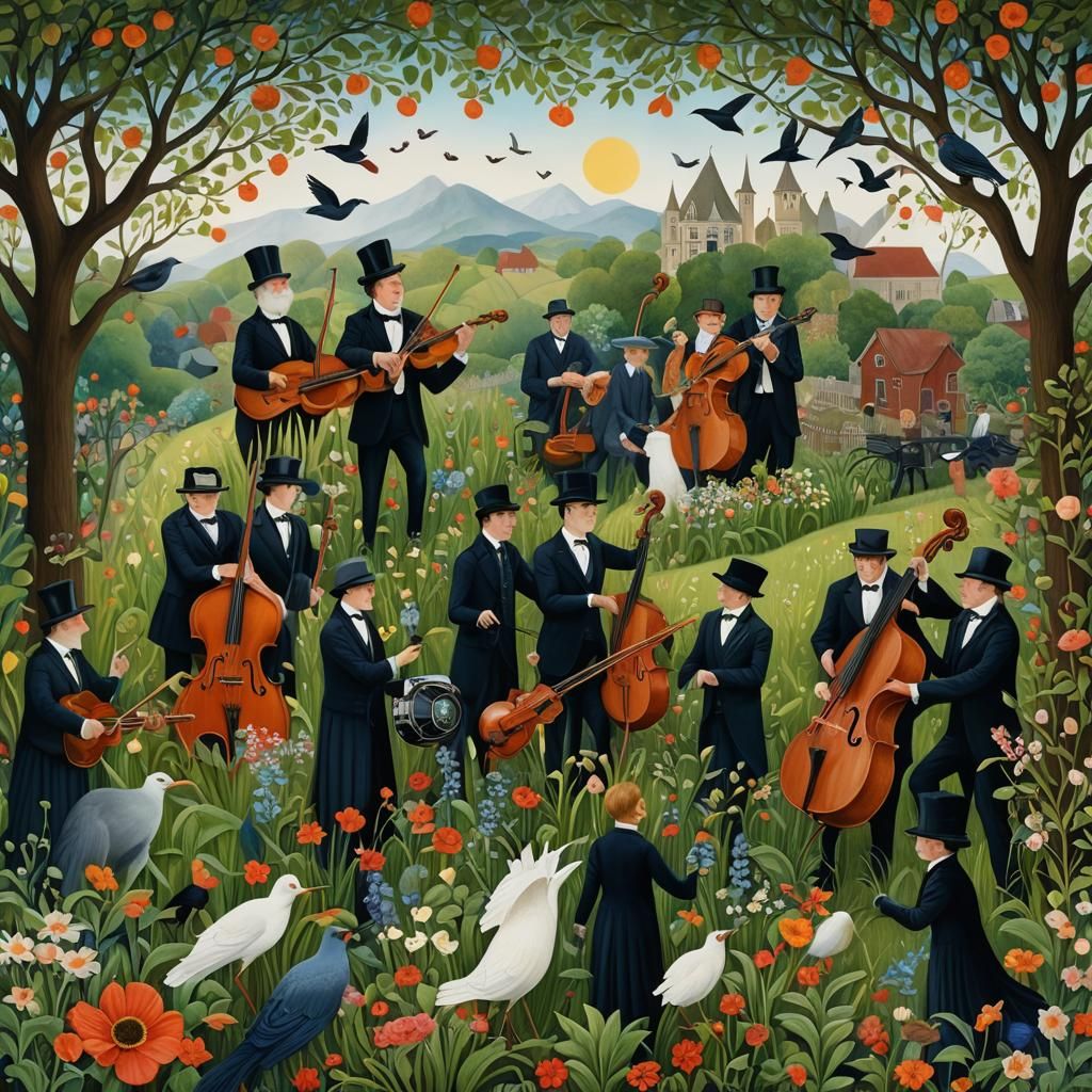 Magical Ragtime Band in a Surreal Gouache Painting