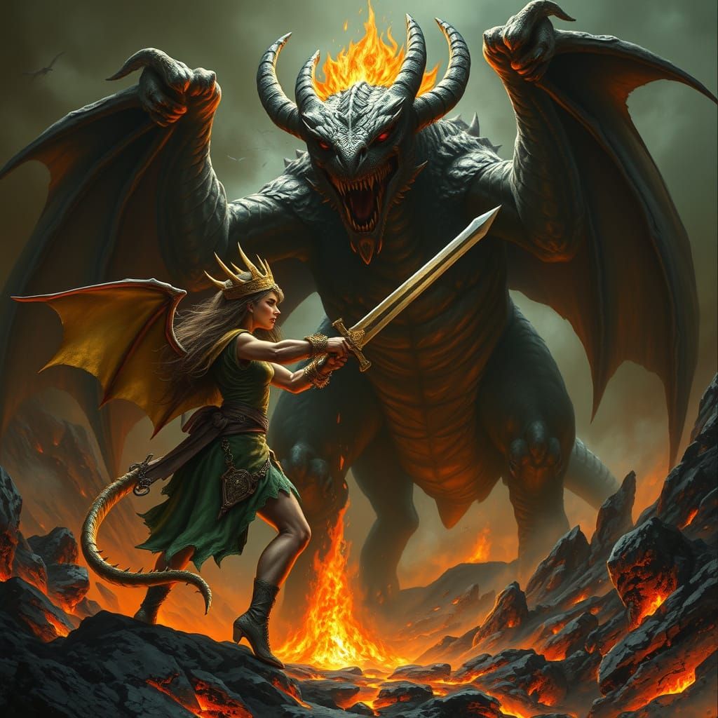 Half Dragon Warrior Confronts Balrog in Volcanic Wasteland