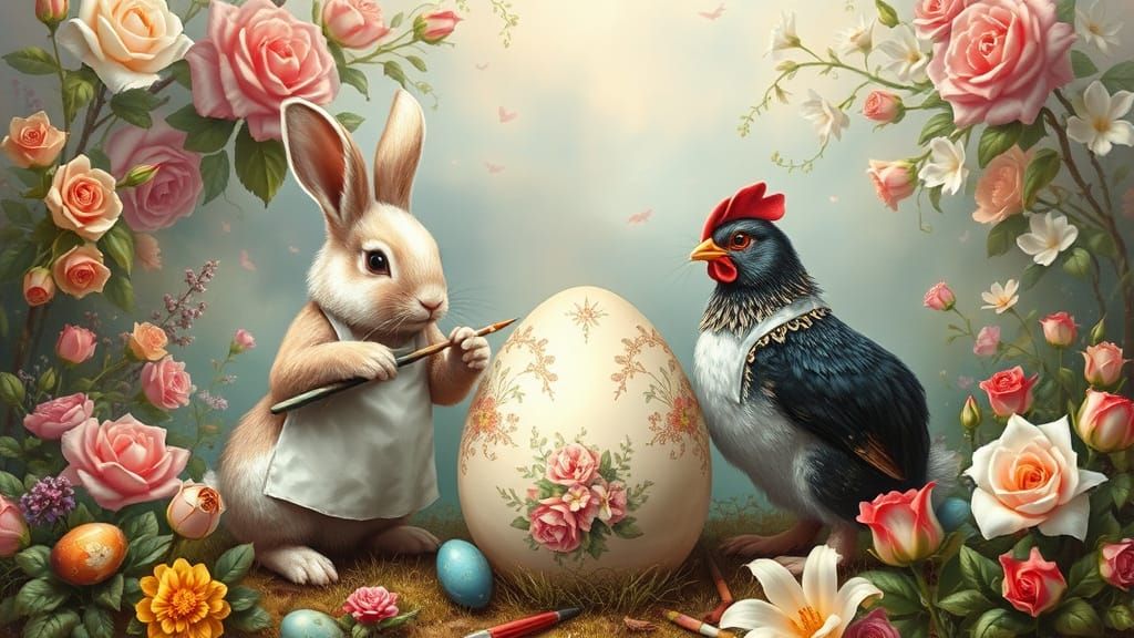Rabbits and Chickens Painting Easter Eggs