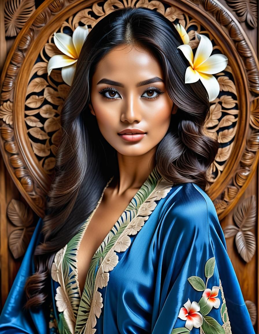 Stunning Indonesian Woman with Carved Wooden Screen