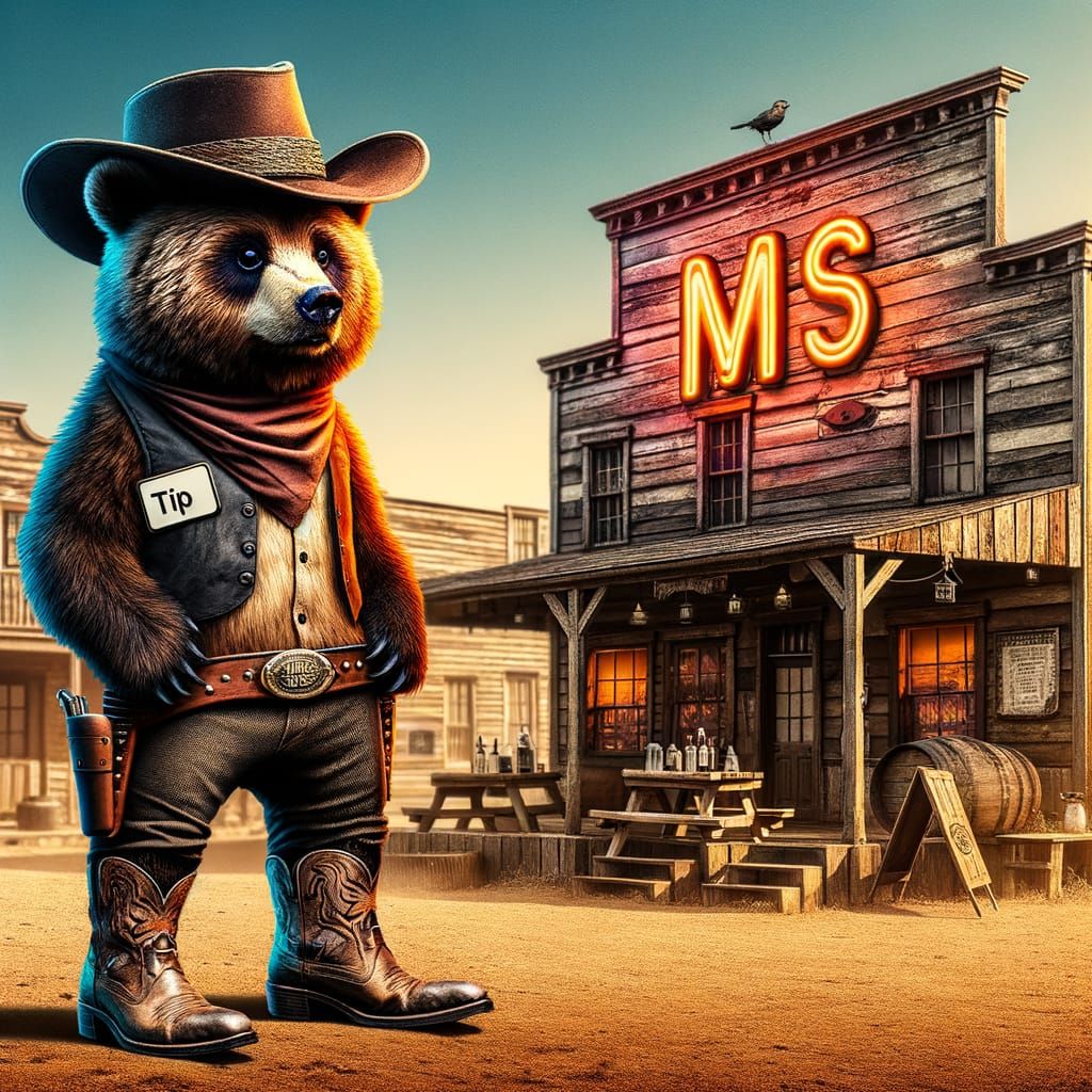 Gunslinger Bear 'Tip' at M8S Saloon in Wild West Neon
