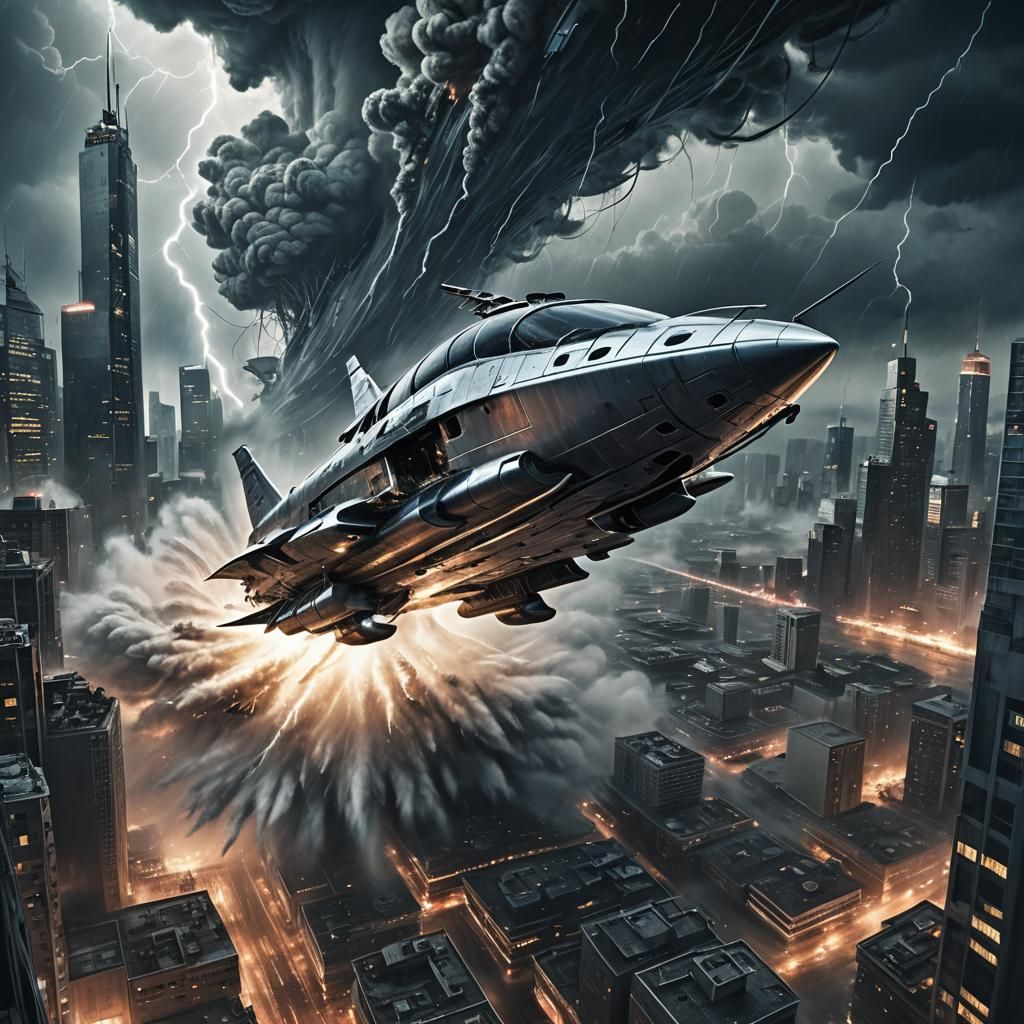 Cyberpunk Pilot Sails Tornado in Apocalyptic Cityscape
