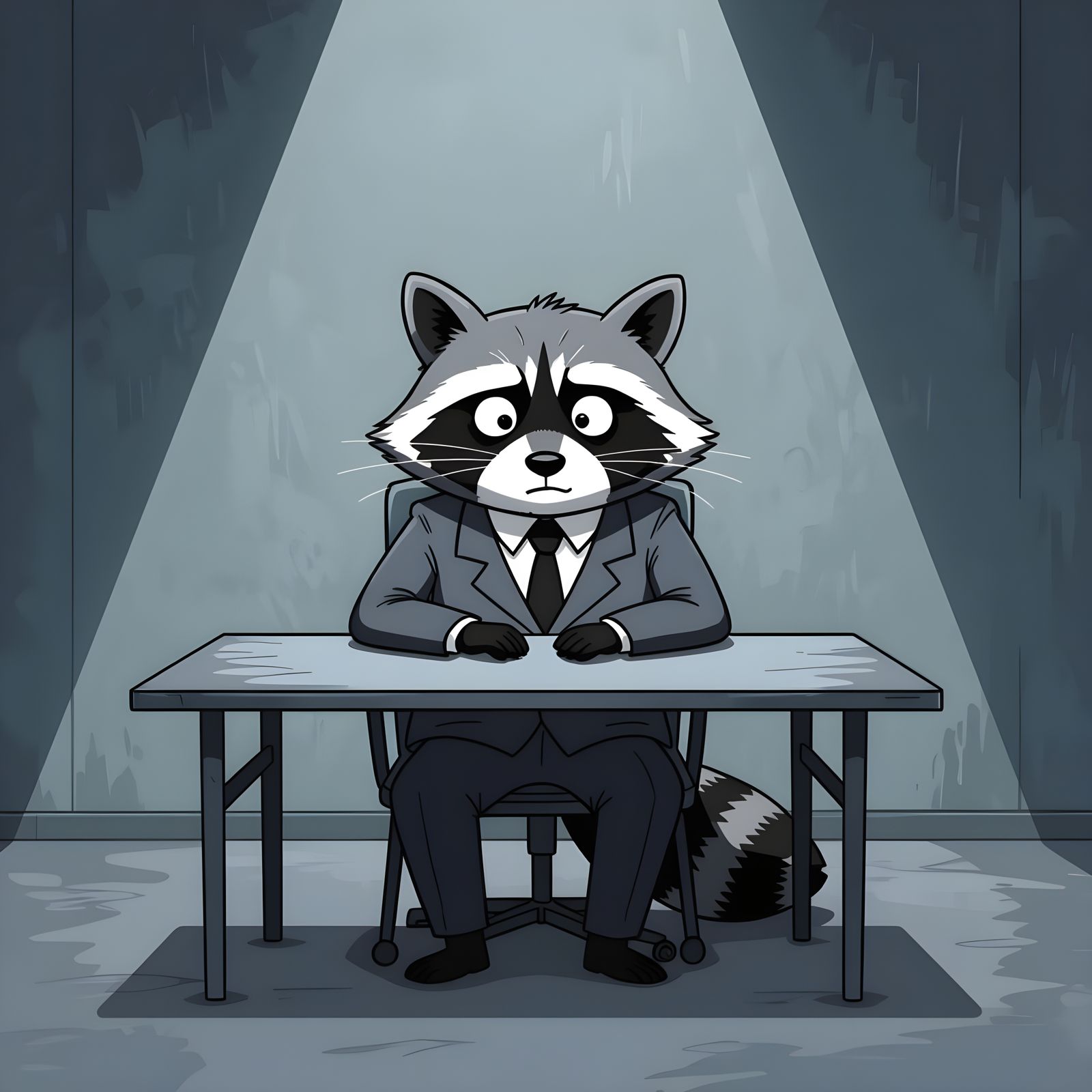 Anxious Raccoon Interrogation in Cartoon Style
