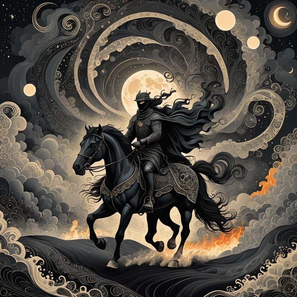 Equestrian Figure Rides Towards Inferno Under Moonlight