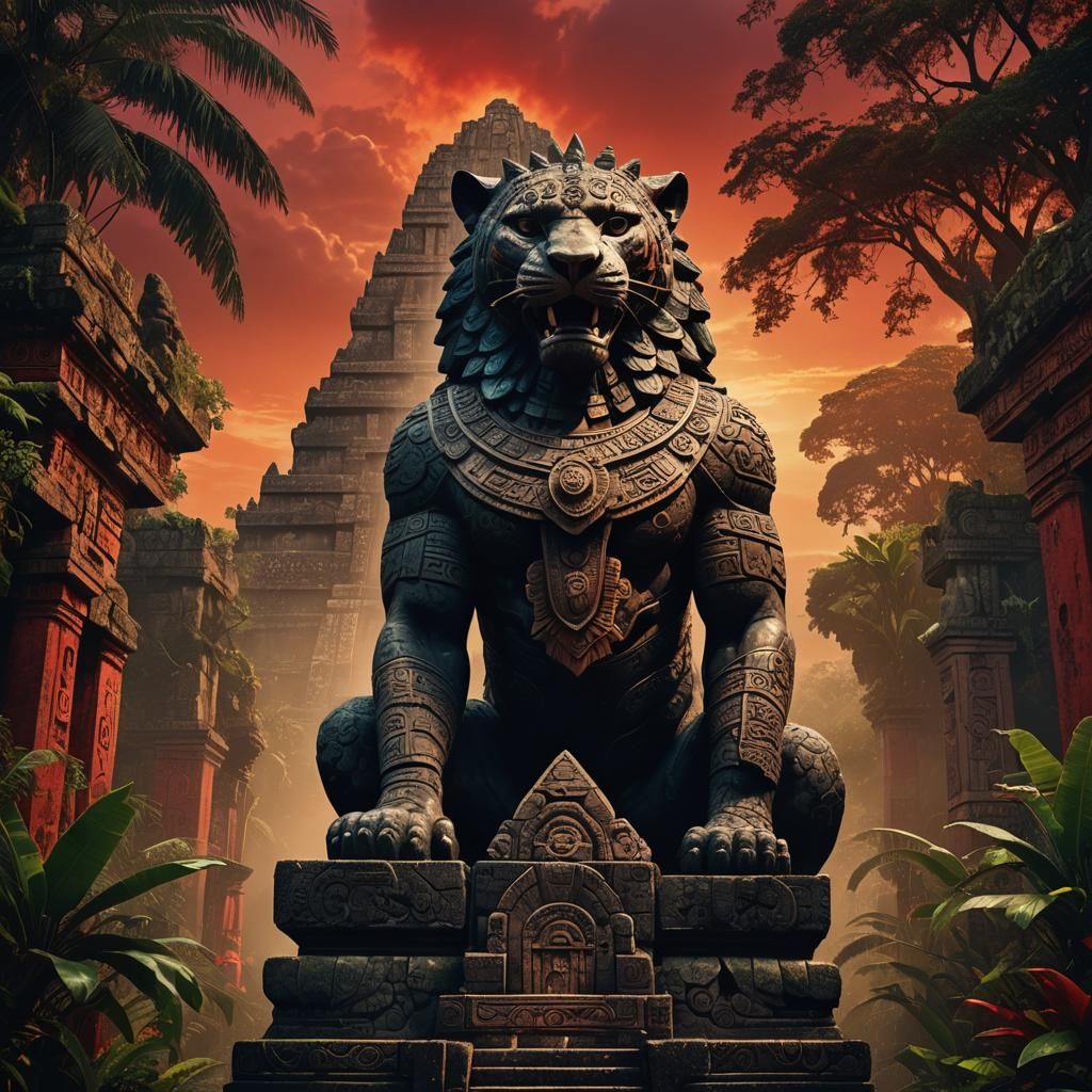 Surreal Dark Jaguar God Temple Pyramid in Traditional Aztec...