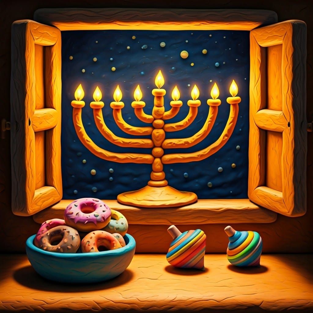 Colorful Donuts and Spinning Tops near a Menorah in a Handma...