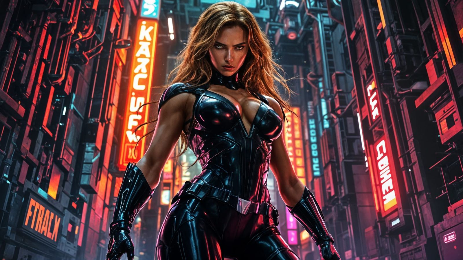 Cyberpunk Heroine in Industrial Neon Landscape