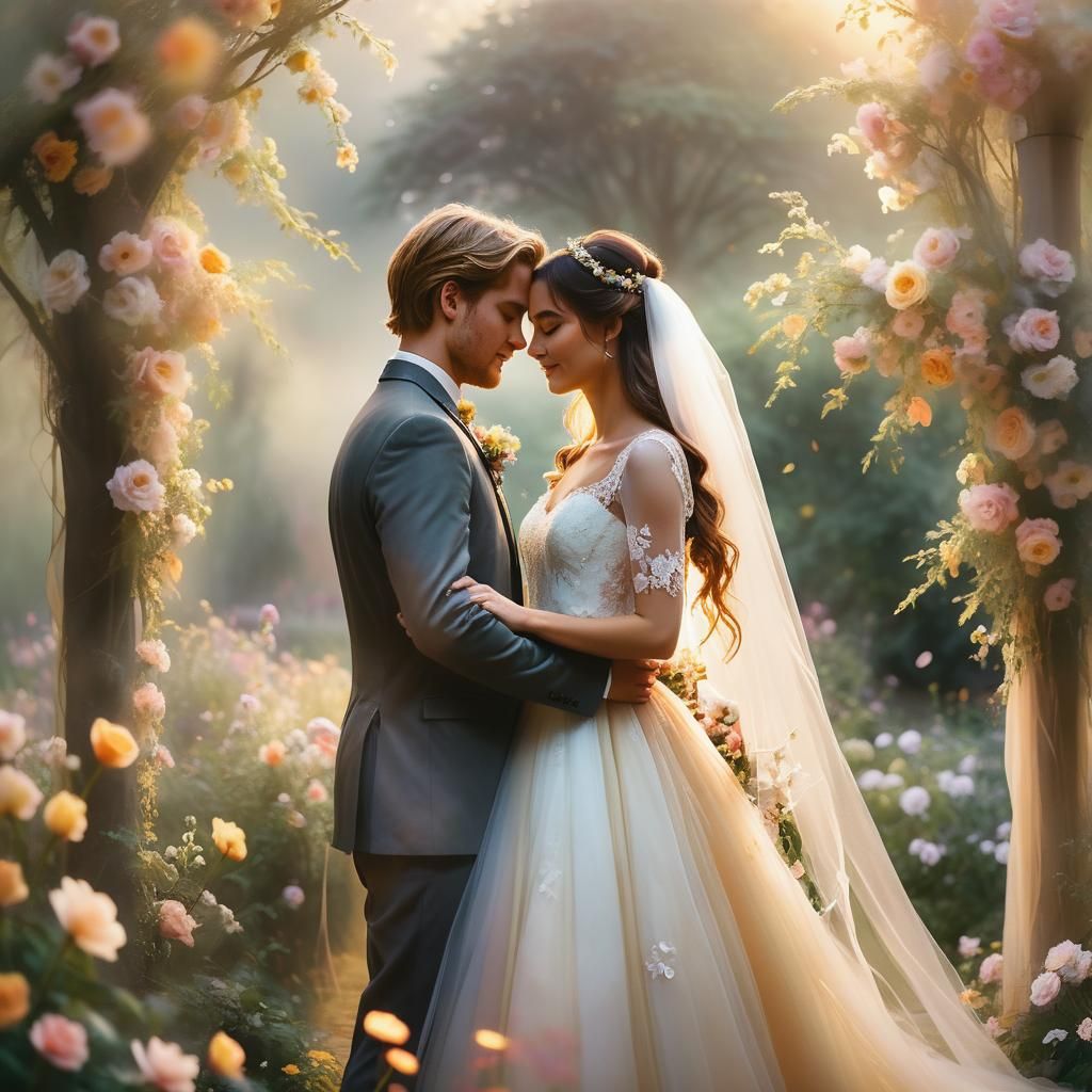 Romantic Garden Wedding in Dreamy Oil Painting Style