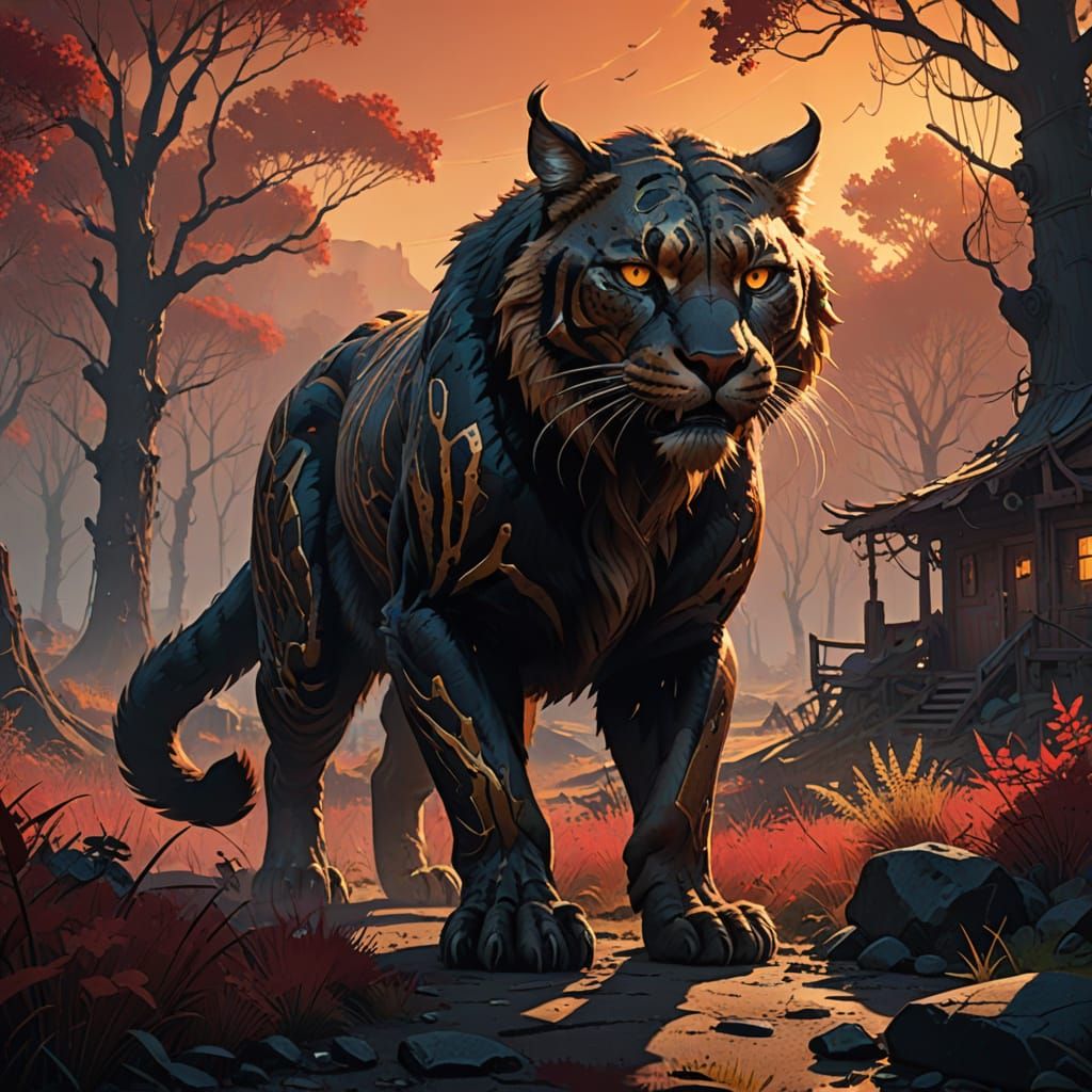 Surreal Red Sabre-Toothed Cat Emerges from Shadows in Cyberp...