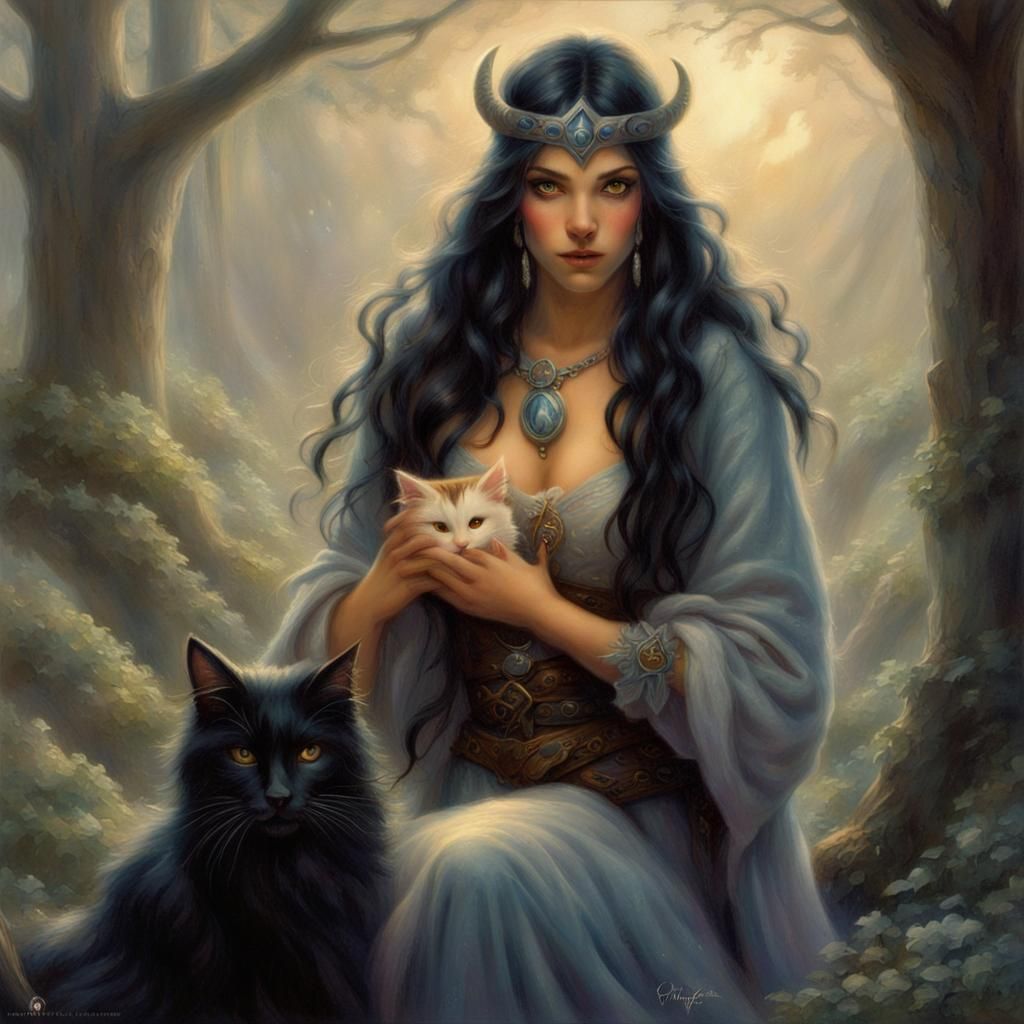 Viking Witch with Cat, Ethereal Fantasy Portrait