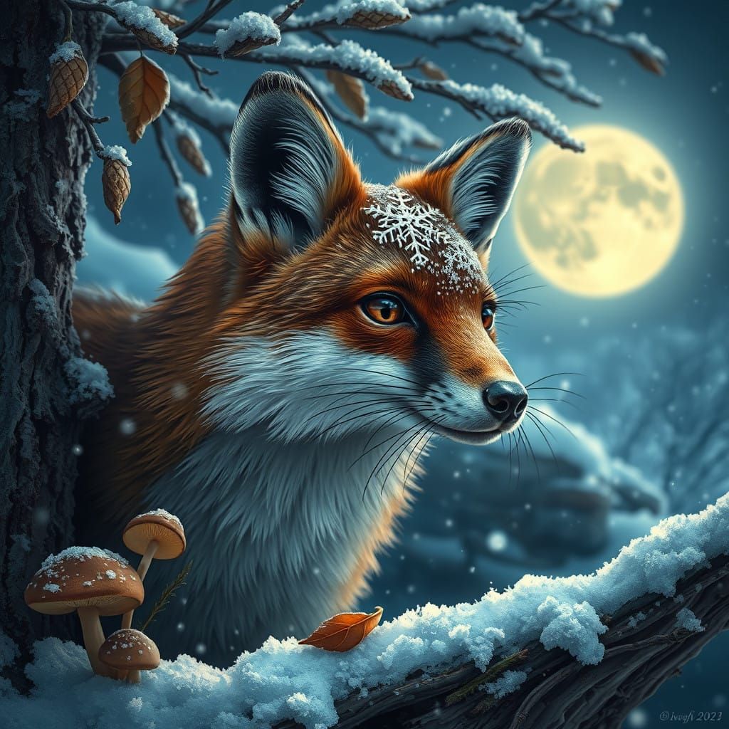 Winter Wonderland Fox Leans on Stone Wall Under Snowy Night...
